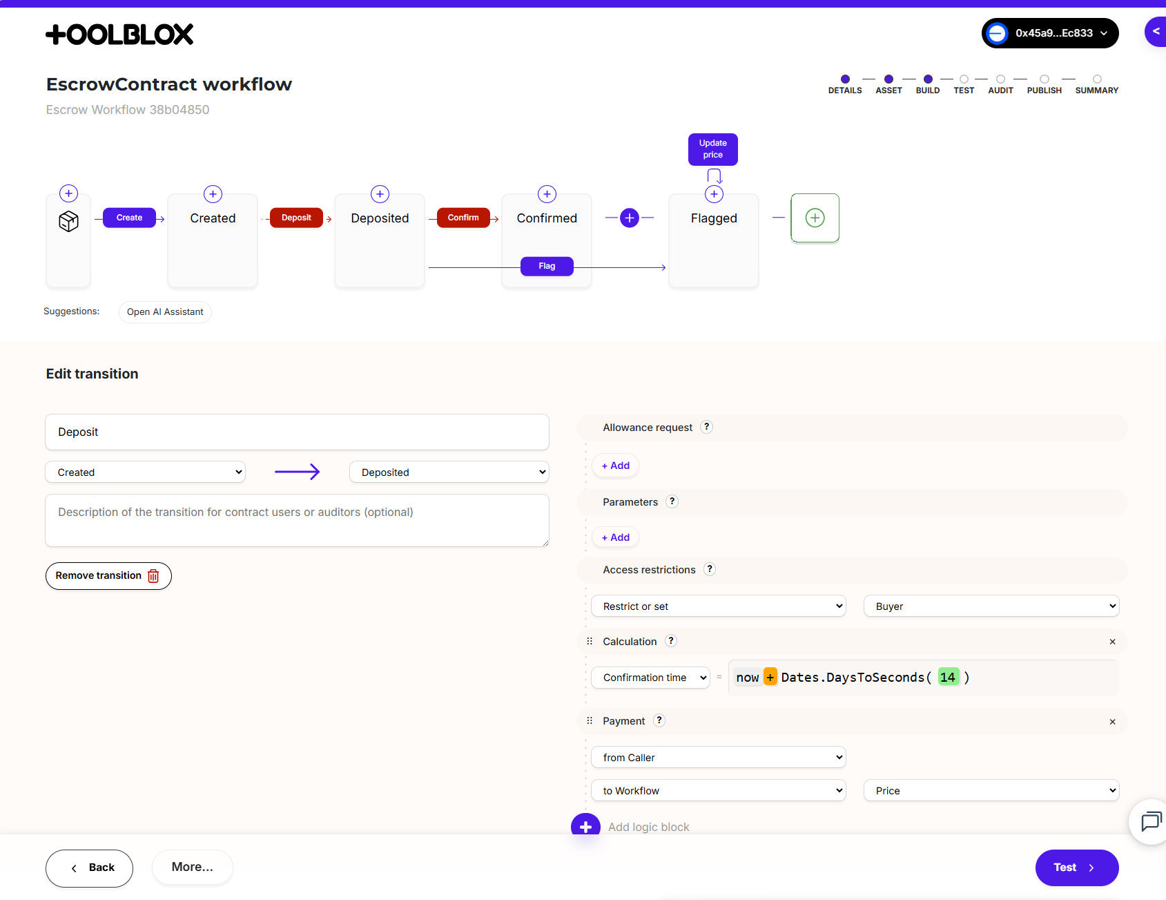 Contract Builder. Visual workflow editor showing states, transitions, and rules for an asset lifecycle.